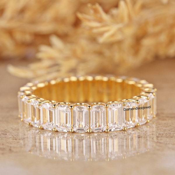 Emerald Cut Colorless Moissanite Engagement Band, Full Eternity Wedding Band, Emerald Cut Moissanite Band, 14K Yellow Gold Stackable Band