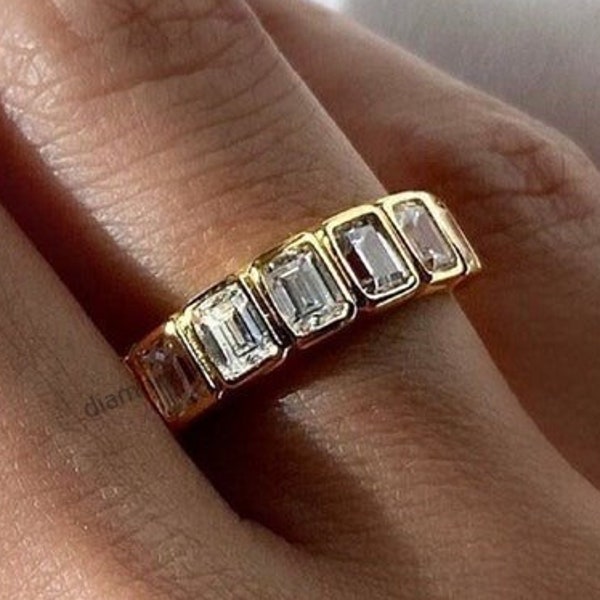 Seven Stone Ring, Bezel Set Ring, Emerald Cut Moissanite Engagement Ring, Women's Wedding Ring, Stackable Band, 14K Yellow Gold Band Ring