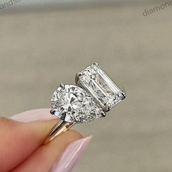 Two-Stone Ring, Pear & Emerald Cut Moissanite Engagement Ring, Toi Et Moi Ring, Women's Wedding Ring, Two-Tone Gold Ring, Two-Stone Ring
