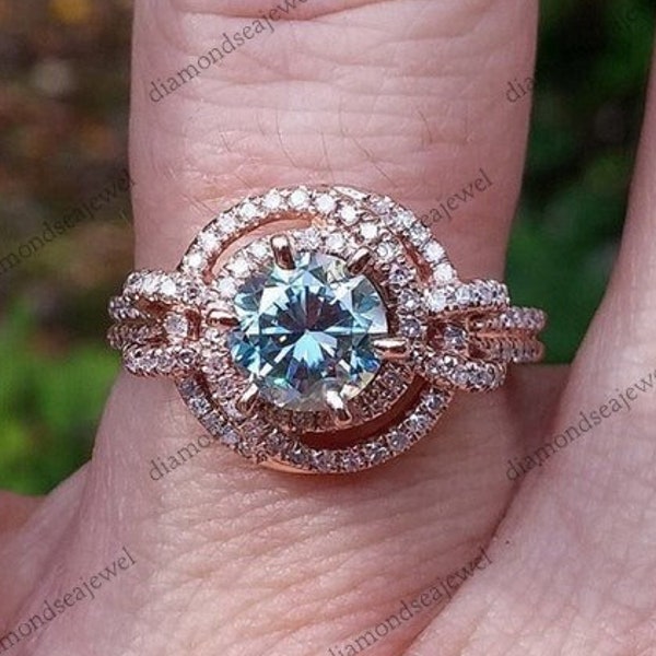 Cyan Blue Ring, Unique Peacock 1.5 CT Round Moissanite Engagement Ring, Accent Ring, 14K Solid Antique Rose Gold Wedding Ring, Halo Ring