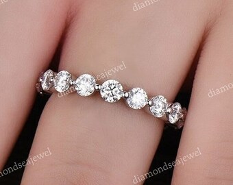 Alliance complète, alliance en moissanite, bague de fiançailles ronde en moissanite incolore, alliance éternité, alliance en or blanc massif 10 carats/14 carats/18 carats