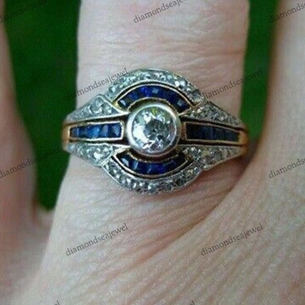 Antique Vintage Art Deco Ring, Sapphire Ring, Round Cut Diamond Engagement Ring, Bezel Set Ring, Wedding Gift Ring, Two-Tone Gold Ring