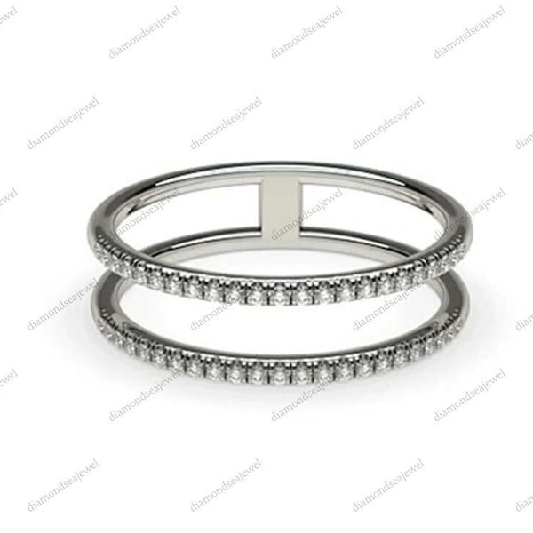 Ring Enhancer Ring, Art Deco Wedding Band, Double Band Vintage Ring, Half Eternity Band, Bridal Matching Ring, 14K Solid White Gold Ring