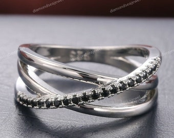 14K White Gold Diamond Criss Cross Ring, Cross Over Ring, X Ring, Black Spinal Ring, Round Moissanite Engagement Ring, Infinity Wedding Ring