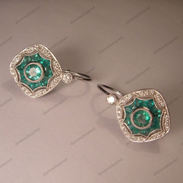 Emerald Mosaic Earrings, Art Deco Antique Earrings, Edwardian Earrings, 14K White Gold Earrings, Green Lever Back Diamond Women's Earrings