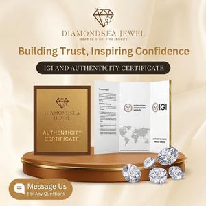 Puede incluir: Imagen promocional de Diamondsea Jewel con un logotipo de diamante, el texto "Building Trust, Inspiring Confidence" y un certificado IGI y de autenticidad. Varios diamantes sueltos se muestran en una plataforma dorada.