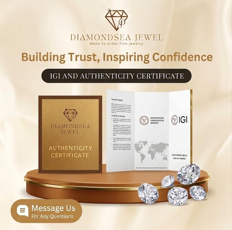 Puede incluir: Imagen promocional de Diamondsea Jewel con un logotipo de diamante, el texto "Building Trust, Inspiring Confidence" y un certificado IGI y de autenticidad. Varios diamantes sueltos se muestran en una plataforma dorada.
