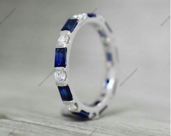 Full Eternity Dot-Dash Band, Delicate Band, Blue Sapphire Diamond Band, Baguette Cut Diamond Engagement Ring, Round Band, 14K Gold Ring