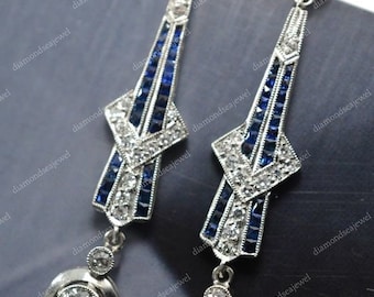 Antique Unique Era Platinum Earrings, Old Mine Cut Diamonds Blue Sapphires, Round Diamond Earrings, Push Back Earrings In 14K White Gold