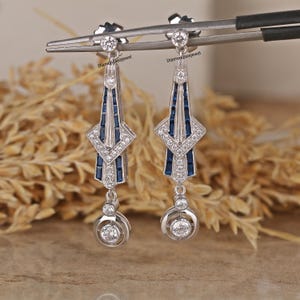 Antique Unique Era Platinum Earrings, Old Mine Cut Diamonds Blue Sapphires, Round Diamond Earrings, Push Back Earrings In 14K White Gold