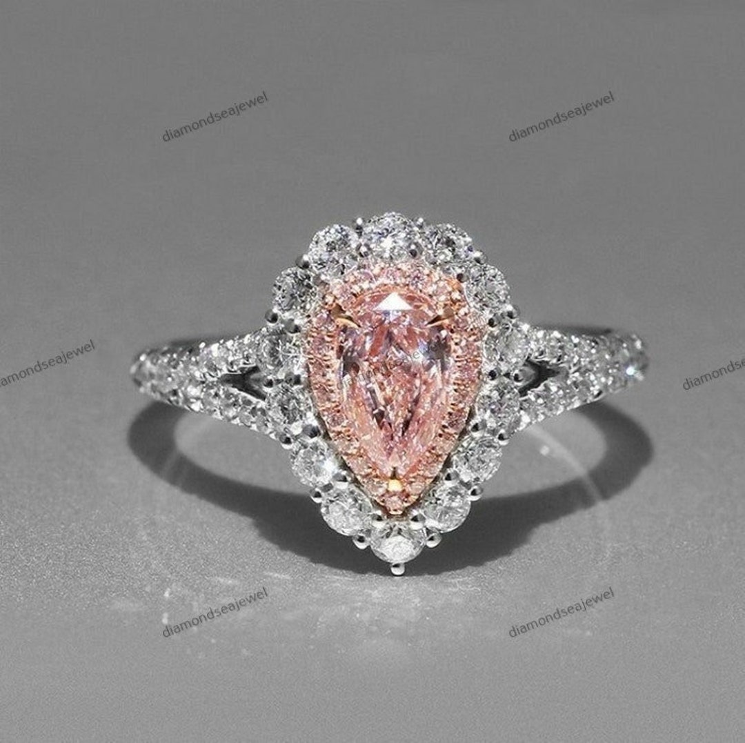 Pink Diamond Ring Pink Pear Cut Diamond Engagement Ring Double Halo Ring Split shank Ring 14K Solid White Gold Ring Pear Wedding Ring Etsy