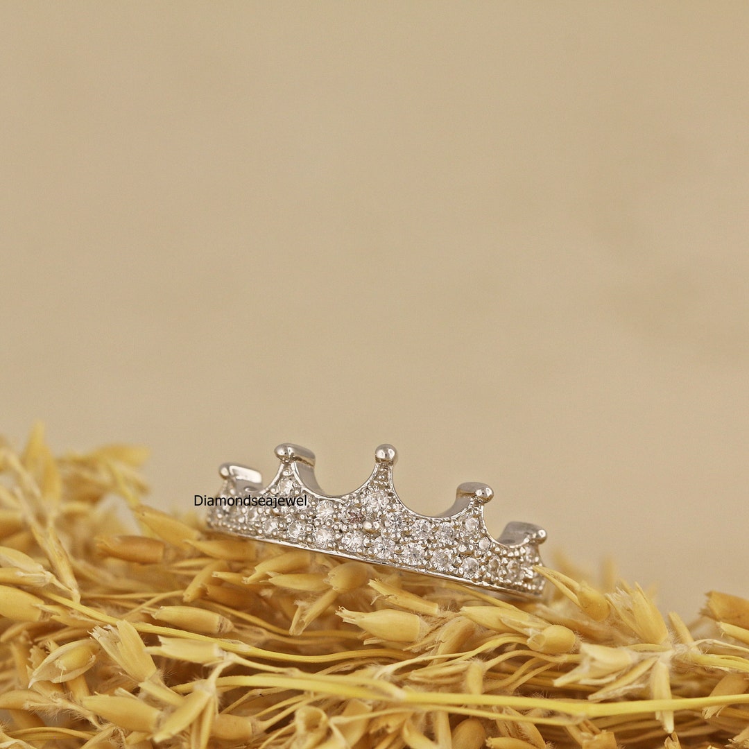 Crown Ring, Half Eternity Band, Round Colorless Moissanite Engagement ...