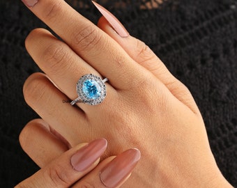 Anillo azul aguamarina, anillo de compromiso con moissanita azul de 3,00 ct de talla ovalada, anillo con doble halo, anillo con detalle, anillo de boda de talla ovalada, anillo de oro blanco de 14 quilates