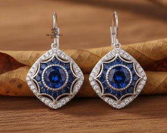 Sapphire Mosaic Earrings, Antique Earrings, 14K Gold Earrings, Round Diamond Engagement Earrings, Green Lever Back Diamond Women's Earrings
