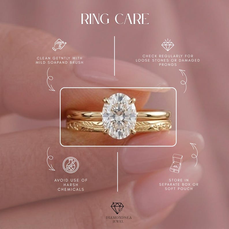 Puede incluir: Imagen que muestra consejos para el cuidado de los anillos. Un anillo de oro con un diamante ovalado es el punto focal. El texto incluye: Limpiar suavemente con jab&oacute;n suave y cepillo, revisar regularmente si hay piedras sueltas o garras da&ntilde;adas, evitar productos qu&iacute;micos agresivos y guardar en una caja separada o una bolsa suave.