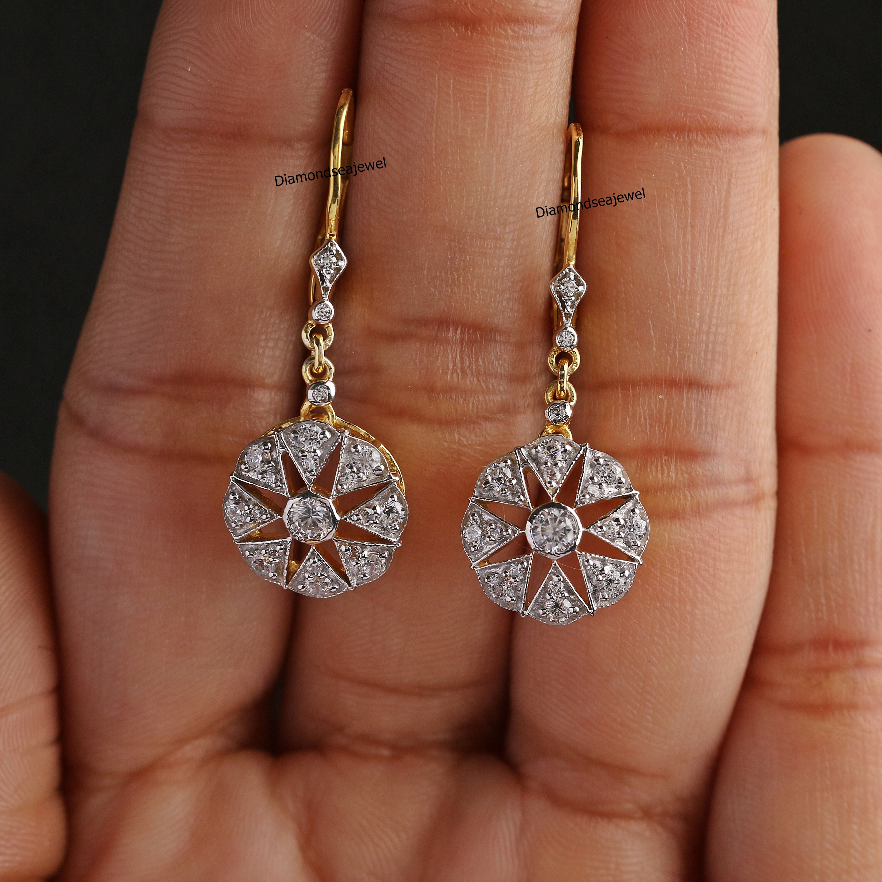 Boucles D'oreilles Dormeuses Art Déco En Or Blanc 18k Avec Fausses Pierres Blanches - Vintage Circa 1950