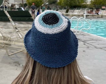 Leopareo Straw Evil Eye checkered Bucket Hat, Handmade with LOVE