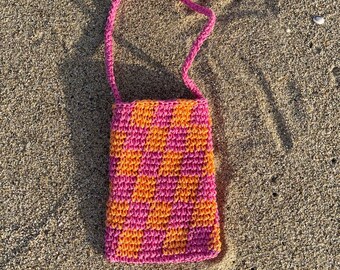 Handmade Organic Straw Checkered Crochet Crossbody Cell Phone Holder, Purse, Mini Sling Bag, pouch, Sleeve for smartphone