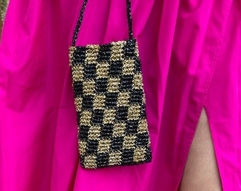 Handmade Organic Straw Gold and Black Checkered Crochet Crossbody Cell Phone Holder, Purse, Mini Sling Bag, Pouch, Sleeve for smartphone