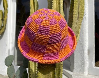 Handmade Straw Orange & Pink Checkered Bucket Hat by Leopareo, Summer 2022