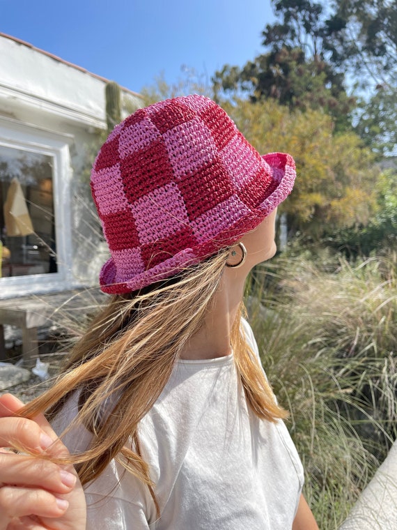 Leopareo Straw Pink \u0026 Red Checkered Bucket Hat, Handmade with Love