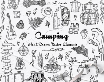 May include: Black and white hand-drawn illustrations of camping equipment and nature elements.  The illustrations include a guitar, a campfire, a tent, a compass, a lantern, a flask, a mug, a backpack, binoculars, a fishing rod, a pot, a tree stump, a fern, a mushroom, a signpost, and a pair of boots. The text "Camping Hand Drawn Vector Elements" is included in the image.