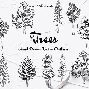 Vektor Bäume Clipart SVG. Baum Umriss Vektor Clipart. Woodland svg Clipart. SVG Baumumrisse. Schwarz-Weiß, Silhouette, Cricut