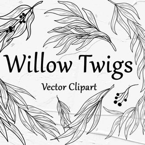 Weidenzweige Clipart SVG. Frühling Umriss Vektor Clipart. Blumen svg Clipart. SVG Weidenlaub Umrisse. Schwarz und Weiss, Silhouette, Cricut