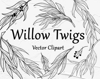 Weidenzweige Clipart SVG. Frühling Umriss Vektor Clipart. Blumen svg Clipart. SVG Weidenlaub Umrisse. Schwarz und Weiss, Silhouette, Cricut
