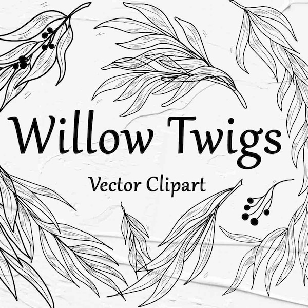 Willow Twigs Clipart SVG. Spring Outline Vector Clipart. Floral svg Clipart. SVG Willow leaves outlines. Black and White, Silhouette, Cricut