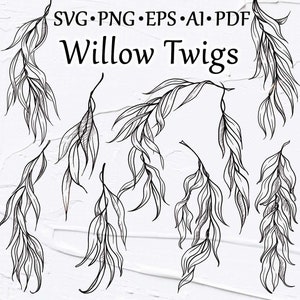 Weidenzweige Clipart SVG. Frühling Umriss Vektor Clipart. Blumen svg Clipart. SVG Weidenlaub Umrisse. Schwarz und Weiss, Silhouette, Cricut