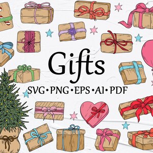 Könnte beinhalten: Eine Sammlung handgezeichneter Illustrationen von verpackten Geschenken, einem Weihnachtsbaum, einer herzförmigen Schachtel, einem Ballon und Sternen. Der Text "Gifts" ist in großen Buchstaben am unteren Rand des Bildes geschrieben. Der Text "SVG.PNG.EPS.AI.PDF" ist unter dem Wort "Gifts" geschrieben.