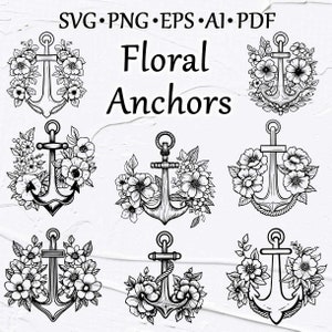 Blumen Anker Clipart. Nautische SVG Clipart, Vektor Marine Clipart. Nautische Doodles Clipart, Nautische Grafiken. Blumen Anker SVG, PNG