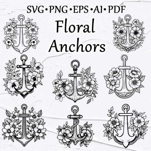 Floral Anchor Clipart. Nautical SVG Clipart, Vector Marine Clipart. Nautical doodles Clipart, Nautical Graphics. Floral Anchor SVG, PNG