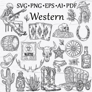 May include: Black and white Western-themed illustrations. Includes a skeleton playing guitar, cowboy boots, a wanted poster, playing cards, a skull, a wagon, a horseshoe, a cactus, and the word "Western".