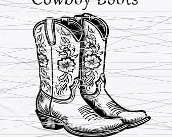 May include: A pair of black cowboy boots with floral designs. The boots are drawn in a vintage style. The text "Cowboy Boots" is at the top of the image. The text "SVG.PNG.EPS.AI.PDF" is at the bottom of the image.