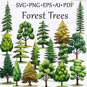 Wald Bäume Clipart SVG. Baum, Baum, Clipart. Waldland svg Clipart. SVG Wald Blätter Umrisse. Wald Silhouette, Cricut