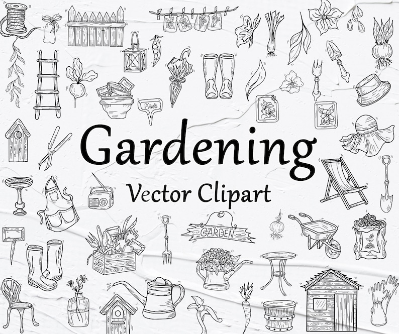 May include: Black and white vector clipart featuring gardening tools and elements. Includes a watering can, wheelbarrow, boots, gloves, and a variety of plants. The word "Gardening" is displayed prominently, along with "Vector Clipart".