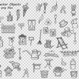 May include: Black and white line art illustrations of various gardening objects, including a ladder, birdhouse, boots, watering can, and a garden sign. The text "Individual Vector Objects svg and png files" is at the top.