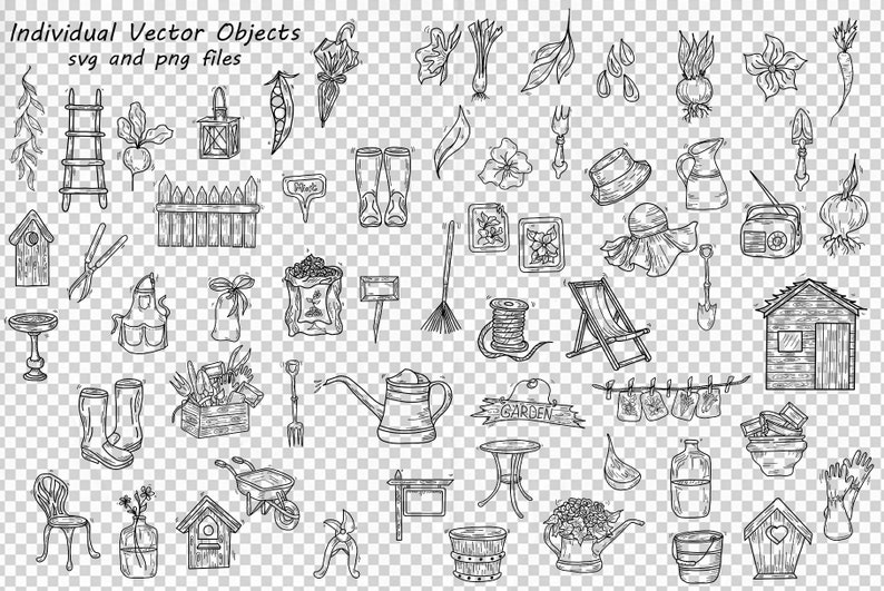 May include: Black and white line art illustrations of various gardening objects, including a ladder, birdhouse, boots, watering can, and a garden sign. The text "Individual Vector Objects svg and png files" is at the top.