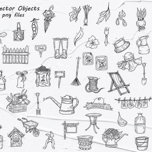 May include: Black and white line art illustrations of various gardening objects, including tools, plants, and decorative items. Text at the top reads "Individual Vector Objects svg and png files."