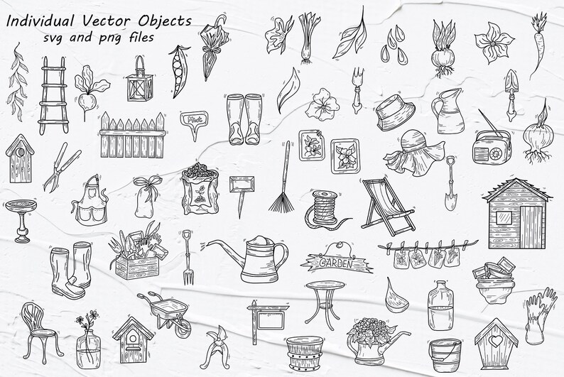 May include: Black and white line art illustrations of various gardening objects, including tools, plants, and decorative items. Text at the top reads "Individual Vector Objects svg and png files."