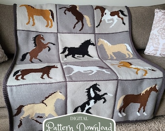 Couverture en crochet tunisien de jolis petits chevaux - téléchargement de modèle numérique