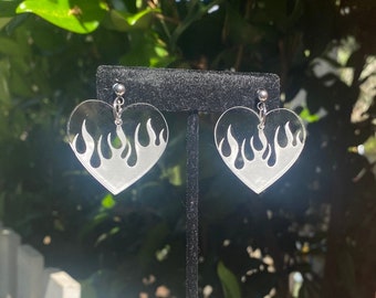 Flaming Hot Heart Earrings (rave jewelry, music festival, edm gifts, clear acrylic)