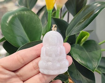 Authentic Burmese Jadeite Guanyin Pendant Necklace: 18K Gold Filled Steel Chain