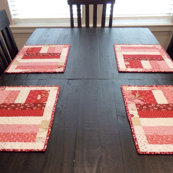 DINETTE Sized - Red Pink Tan Floral Designer Placemats - Quilted, Handmade Fabric Kitchen Linens - Housewarming Gift