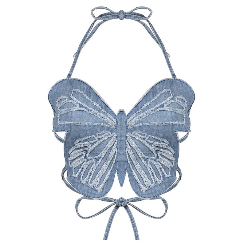 Butterfly Denim Jean Crop Top Y2K Etsy