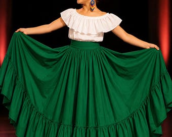 Girls size 8 Mexican Folkloric Dance Skirt, Double Circle, lightweight Poplin, Tie-wrap waist
