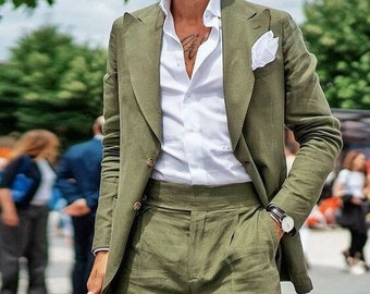 Traje de lino puro de un solo pecho verde para hombre Traje de 2 piezas para hombre.