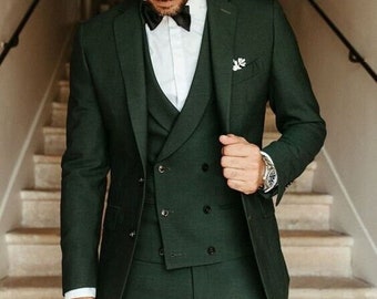 Men's 3 Piece Suit Green Suit With Double Breasted Vest Slim Fit Notch lapel Wedding Prom Dinner Party Suit For Him.